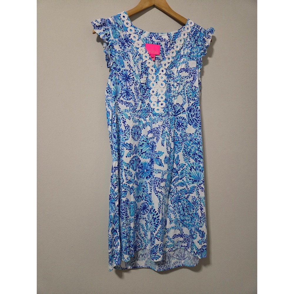 Lilly Pulitzer‎ Blue White Floral Lace V-Neck Ruffle Sleeve Shift Dress Womens M